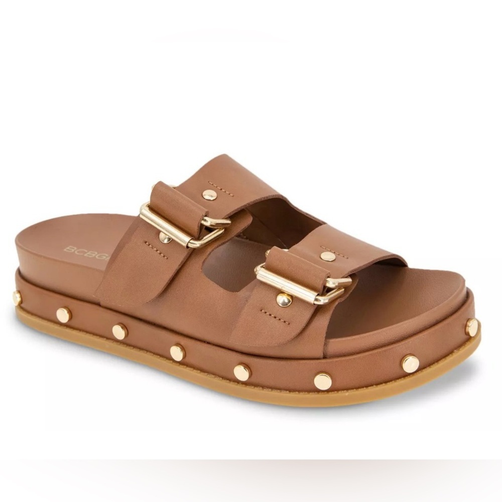 BCBGeneration Brown Slide Sandals with Gold Buckles